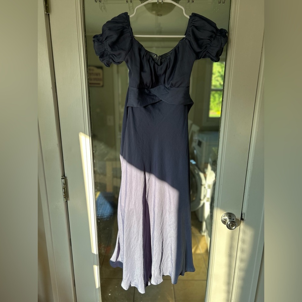 Blue Asymmetrical Ruffled Off-the-Shoulder Midi Dress